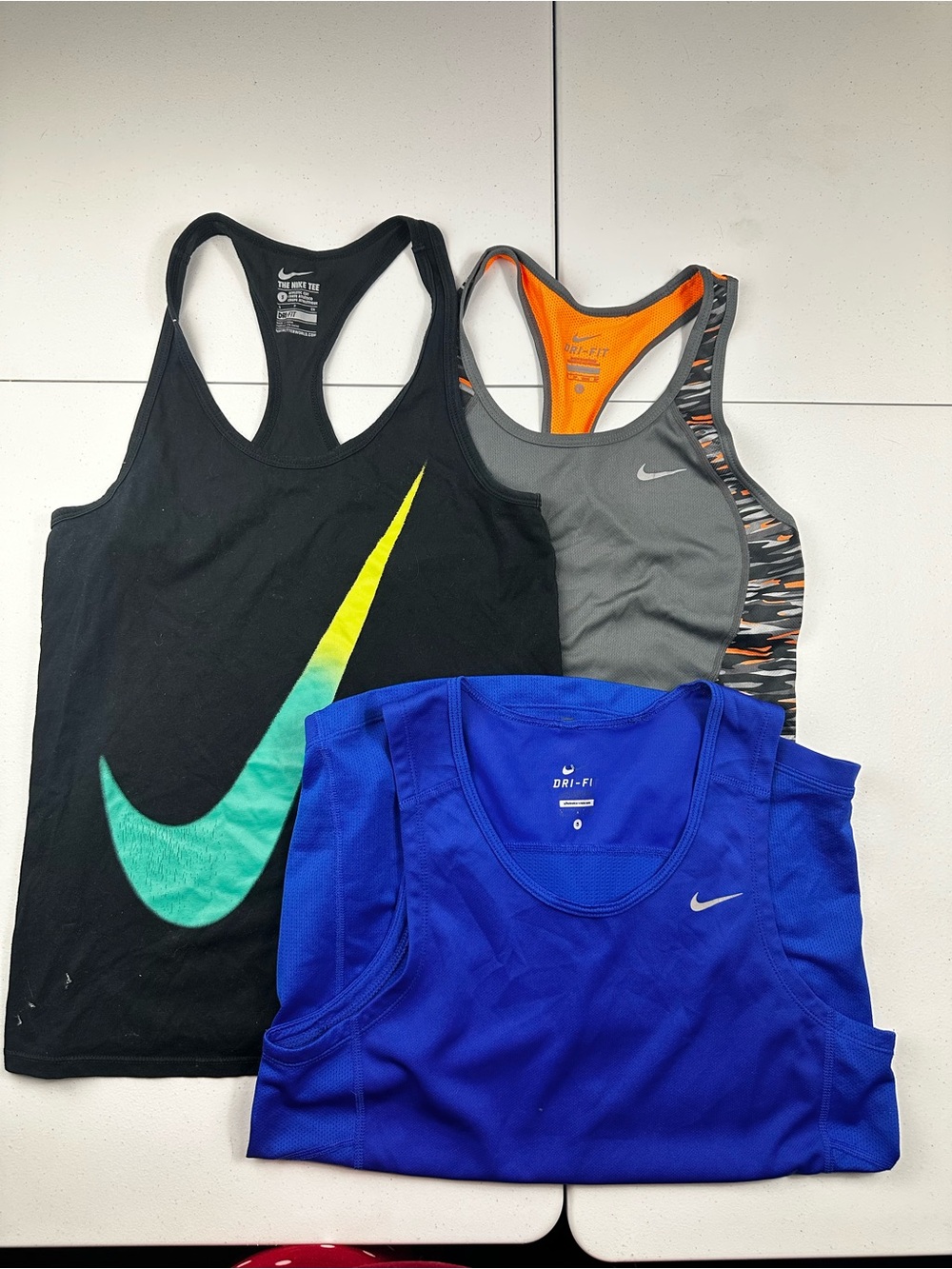 Nike Women’s Tank Top Trio - Black Teal/Yellow, Gray Orange, Royal Blue